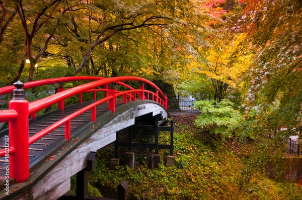 Fototapeta Red Bridge in Ikaho Onsen, Gunma, Japan