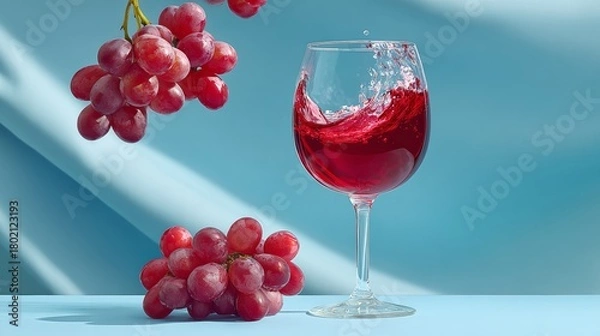 Fototapeta Glass of red wine is poured into a wine glass, with a bunch of grapes on the table. Concept of relaxation and enjoyment