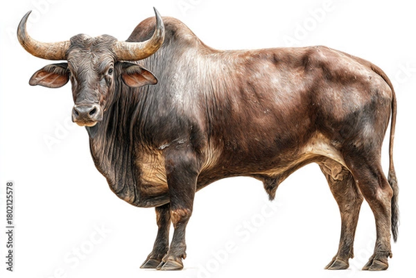 Obraz A powerful, muscular brown bull with large horns stands confidently, isolated on a bright white background, captured with realistic detail.
