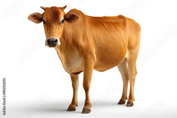 Obraz A powerful, muscular brown bull with large horns stands confidently, isolated on a bright white background, captured with realistic detail.