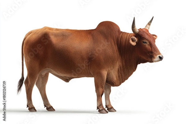 Fototapeta A powerful, muscular brown bull with large horns stands confidently, isolated on a bright white background, captured with realistic detail.