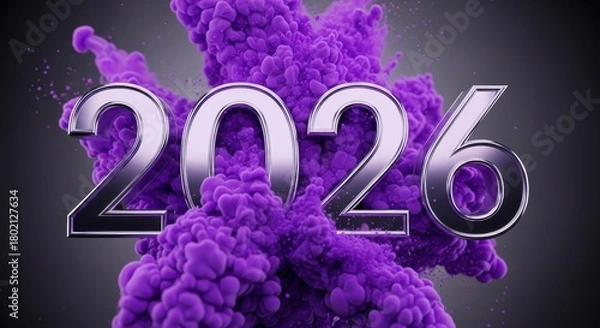 Fototapeta 2026 metallic numbers are displayed with a burst of vibrant purple smoke against a dark background representing the upcoming year celebrations and futuristic concepts with a modern abstract design su