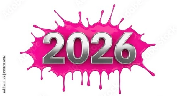 Obraz 2026 silver numbers sit atop a bright pink paint splash against a white background creating a modern graphic element perfect for new year celebrations or design projects needing a vibrant and eye-cat