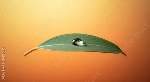 Fototapeta Water droplet sits perfectly balanced on a single green leaf against a soft orange backdrop showcasing the beauty of nature and the delicate balance of life in a macro shot.