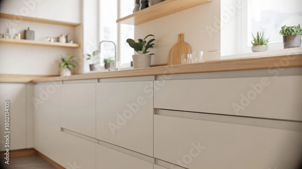 Fototapeta Modern minimalist kitchen featuring clean lines, wood accents, and natural light, perfect for showcasing interior design and serene living spaces