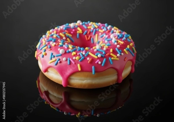 Obraz Pink Frosted Donut with Colorful Sprinkles on Black Background – Sweet Gourmet Dessert