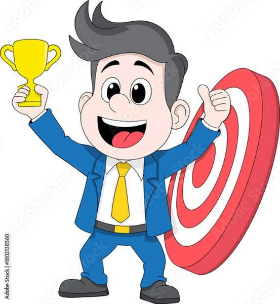 Obraz Businessman Holding Trophy and Target Board