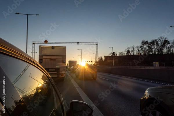 Obraz Stockholm, Sweden  Car traffic on the E4 highway at sunset