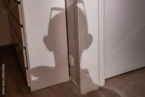Obraz Stockholm, Sweden The shadow of a man with glasses on his head projected onto an interior wall of an apartment.