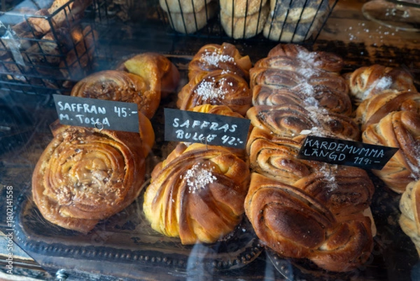 Obraz Stockholm, Sweden A display of Swedish pastries like cinnamon and saffron rolls.