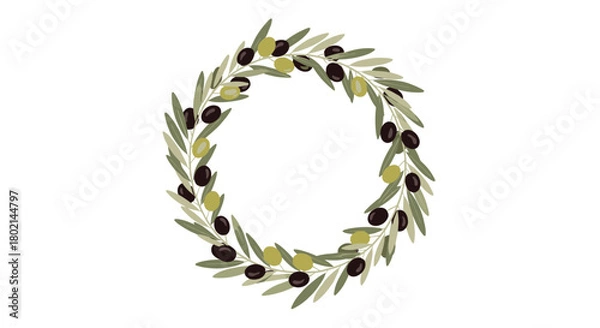 Fototapeta Circle wreath of olive branches with black and green olives and leaves.