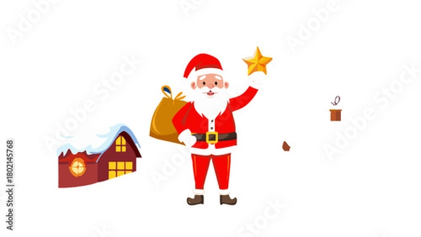 Obraz A cheerful Santa Claus standing on a snowy rooftop at night, holding a glowing gift sack, with stars sparkling in the winter sky.