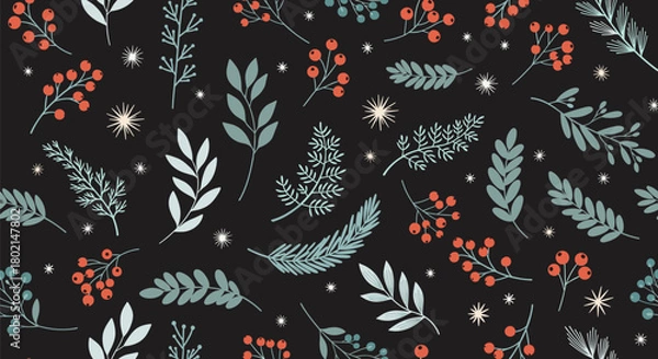 Fototapeta Seamless pattern of red berries and green leaves with snowflakes on a black background.