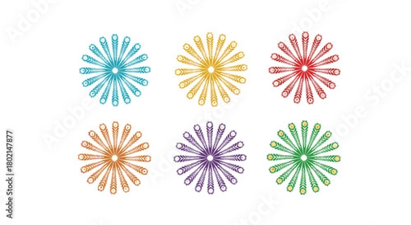 Fototapeta Six colorful abstract starburst or snowflake designs arranged in two rows of three.