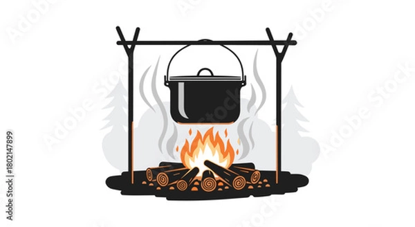 Obraz Illustration of a pot boiling over a campfire with smoke and trees in the background.