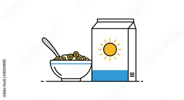 Obraz Bowl of cereal with a spoon and a carton of milk with a sun icon.