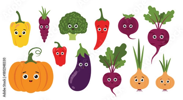 Fototapeta A collection of cute cartoon vegetables with happy faces on a white background.