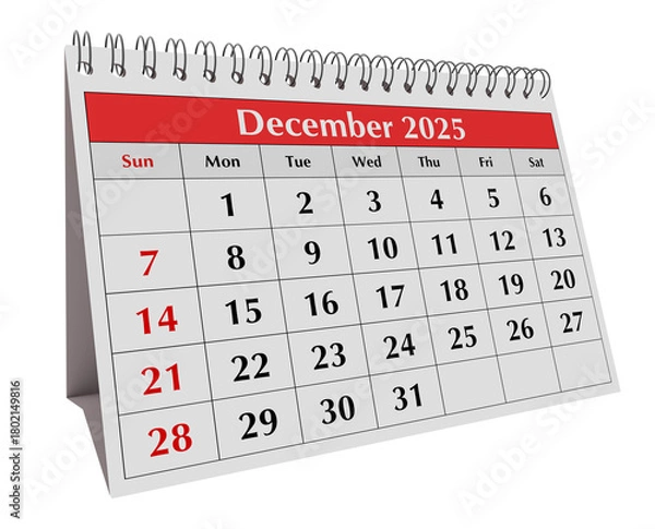 Fototapeta December 2025 calendar. Page of annual business desk month autumn calendar isolated on transparent