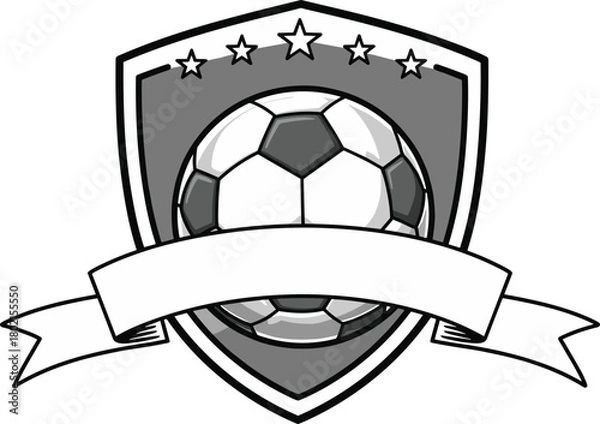 Fototapeta Soccer shield emblem logo, football badge with ball, stars, ribbon banner, sports branding vector illustration, team identity flat design