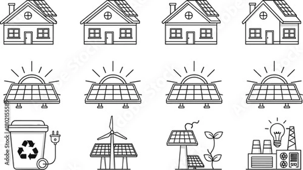 Fototapeta Solar energy icons set, eco friendly renewable power illustration, sustainable technology vector drawing, green energy design for environment projects