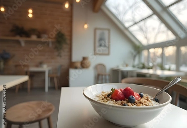 Obraz Healthy Breakfast Bowl with Berries in a Bright Cafe