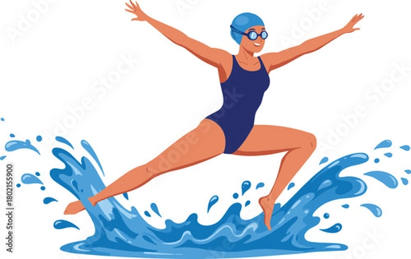 Fototapeta Swimming athlete illustration, water splash vector artwork, sports character design, joyful swimmer clipart, aquatic motion drawing, cad style graphic