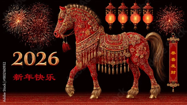 Fototapeta Chinese New Year 2026: Decorated Horse with Fireworks and Lanterns