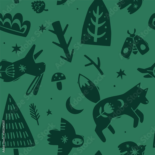 Obraz Forest stamp pattern. Folk seamless vector dark print with woodland animals and plants.