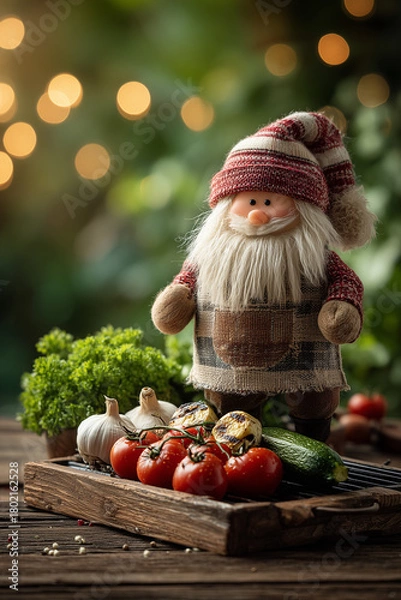 Fototapeta Santa Claus gnome figurine with fresh vegetables on rustic wooden board