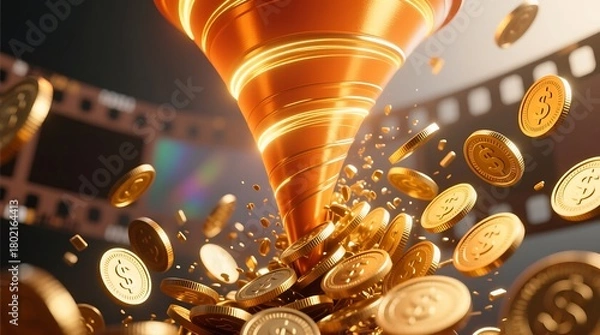 Fototapeta A bright 3D orange funnel icon releasing multiple flying gold coins, rendered with smooth glossy surfaces, clean reflections, and a modern digital style. Vibrant, high-detail composition .