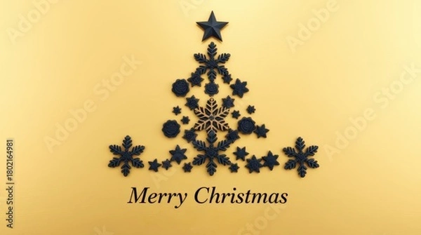 Fototapeta Minimalist Christmas Tree Made of Black Snowflakes on Smooth Golden Texture. Upscale Holiday Greeting_9