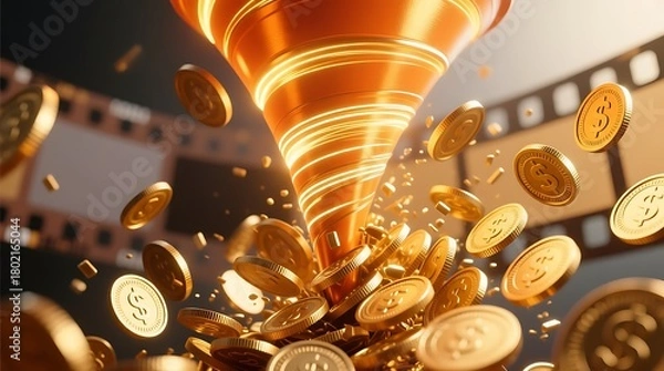 Fototapeta A bright 3D orange funnel icon releasing multiple flying gold coins, rendered with smooth glossy surfaces, clean reflections, and a modern digital style. Vibrant, high-detail composition .