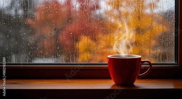 Obraz Cozy Autumn Rain and Hot Coffee, Fall, Window, Mug