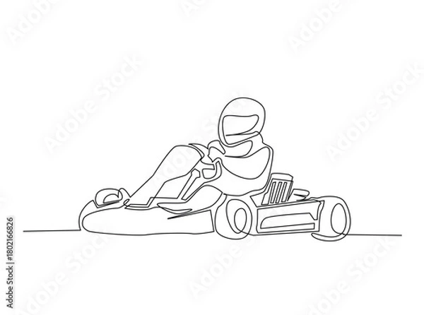 Obraz Continuous one line drawing of Karting driver on race . Go-Kart Racers Drive single line art illustration. Editable vector.