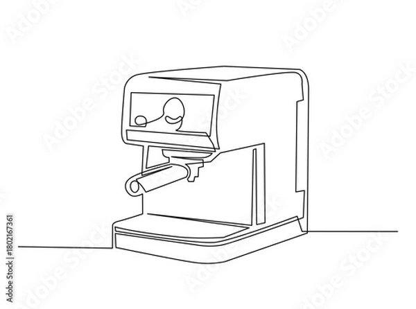 Fototapeta Simple modern coffee machine in single outline illustration. Continuous line art drawing of coffee machine for coffee shop.