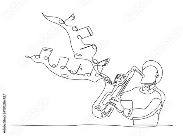Fototapeta Continuous line art drawing of Man Playing Saxophone with note music coming out from the instrument. Editable stroke.