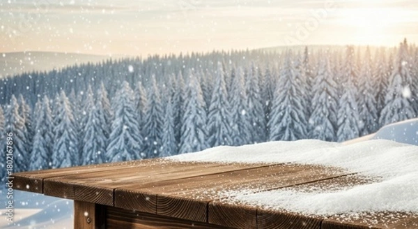 Obraz Snowy Wooden Table with Forest Background, Winter, Trees, Pine trees