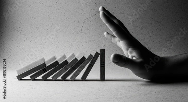 Obraz Domino effect halted by a hand, Chain reaction, Stop, Control