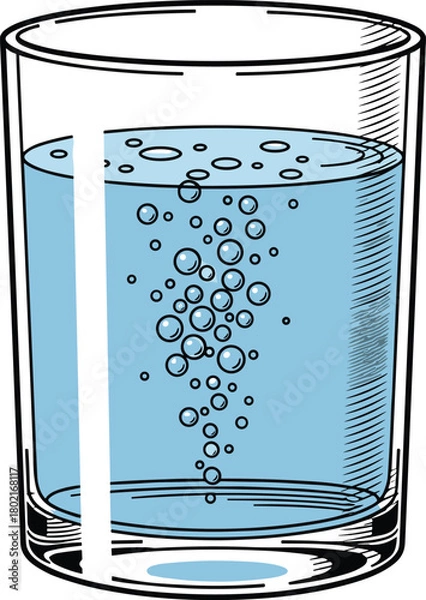 Fototapeta Transparent glass filled with blue liquid and rising bubbles, carbonated water, fizzy drink, refreshing beverage, clean hydration, chemistry vector illustration