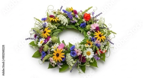 Obraz Colorful Summer Meadow Flower Wreath on White Background, Flowers, Floral, Nature