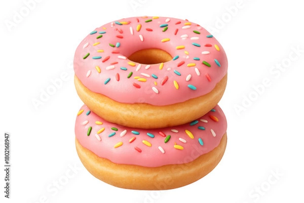 Fototapeta Stack of two pink glazed donuts with colorful sprinkles, representing sweet indulgence and dessert cravings on transparent background