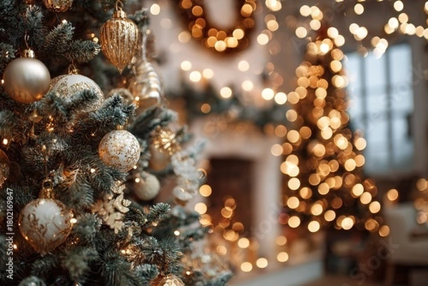 Fototapeta Elegant Christmas Tree with Golden Ornaments and Bokeh Lights