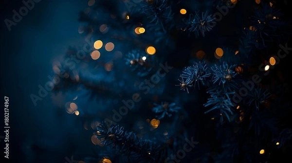 Fototapeta A close up of a christmas tree with blurred lights against a dark blue background night
