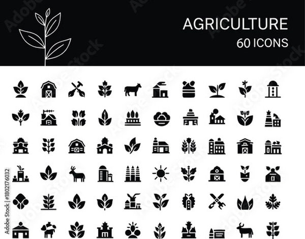 Fototapeta Agriculture farming and horticulture technology concept with black glyph icons set, minimal symbols collection of organic food production and sustainable industry.