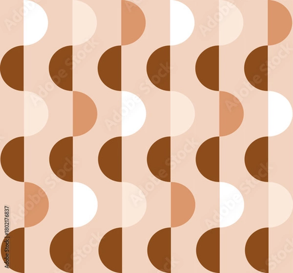 Fototapeta Retro geometric pattern with a wavy design using semi-circles and vertical lines. The color palette consists of warm, earthy tones, various shades of orange, brown, and a light, cream background.