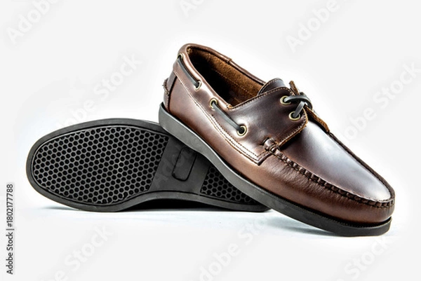Obraz Classic leather shoes in a white background. Brown moccasins.