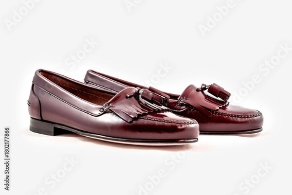 Obraz Classic leather shoes in a white background. Brown moccasins with tassel.