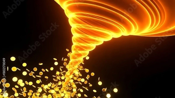 Fototapeta A bright 3D orange funnel icon releasing multiple flying gold coins, rendered with smooth glossy surfaces, clean reflections, and a modern digital style. Vibrant, high-detail composition .