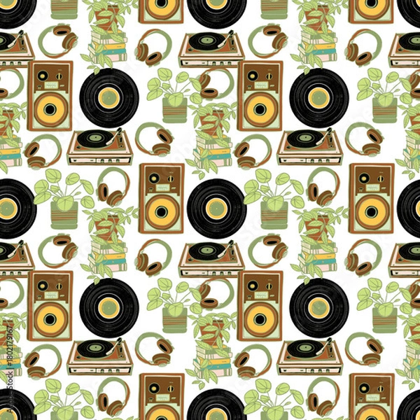 Fototapeta Seamless dj set  pattern with vinyl records, turntables, speakers, headphones, plants and books. Vintage cozy design perfect for textiles, stationery, wrapping paper and home decor.