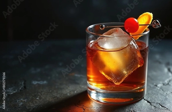 Obraz Close-up of amber old fashioned cocktail with bourbon whiskey ice cube, cherry on gold pick. Rich liquid sits in clear glass, creating sophisticated drink scene. Image represents luxury relaxation,